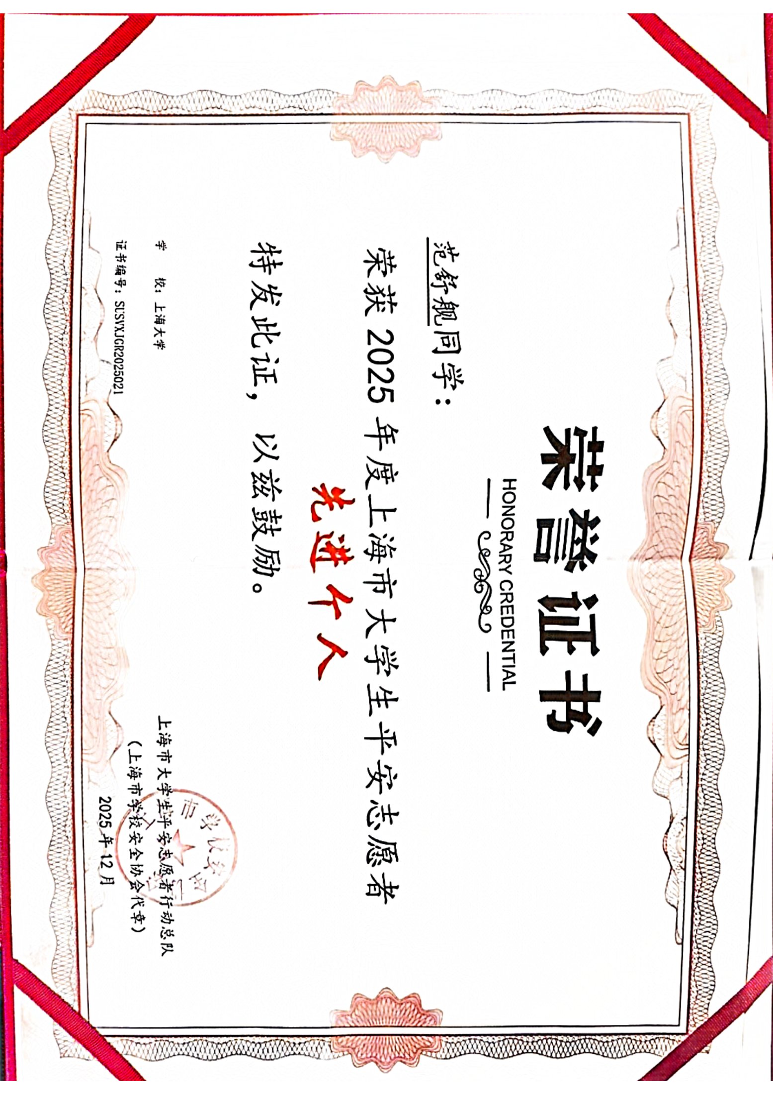 上海市大学生平安志愿者先进个人